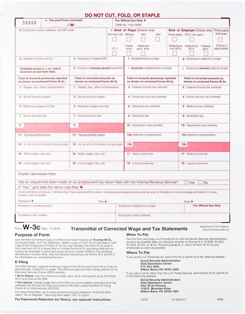Dutymark W-3C Transmittal of Corrected Income Laser Tax Form ~ Wage Correction Form ~ - Image 1